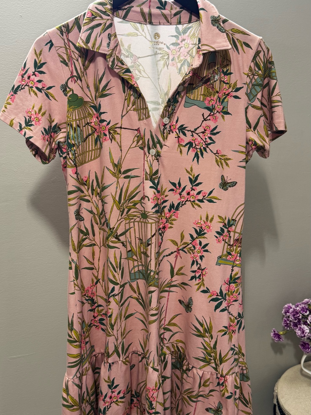 Spartina Pink Birdcage Floral Polo Ruffle Hem Dress Size Small